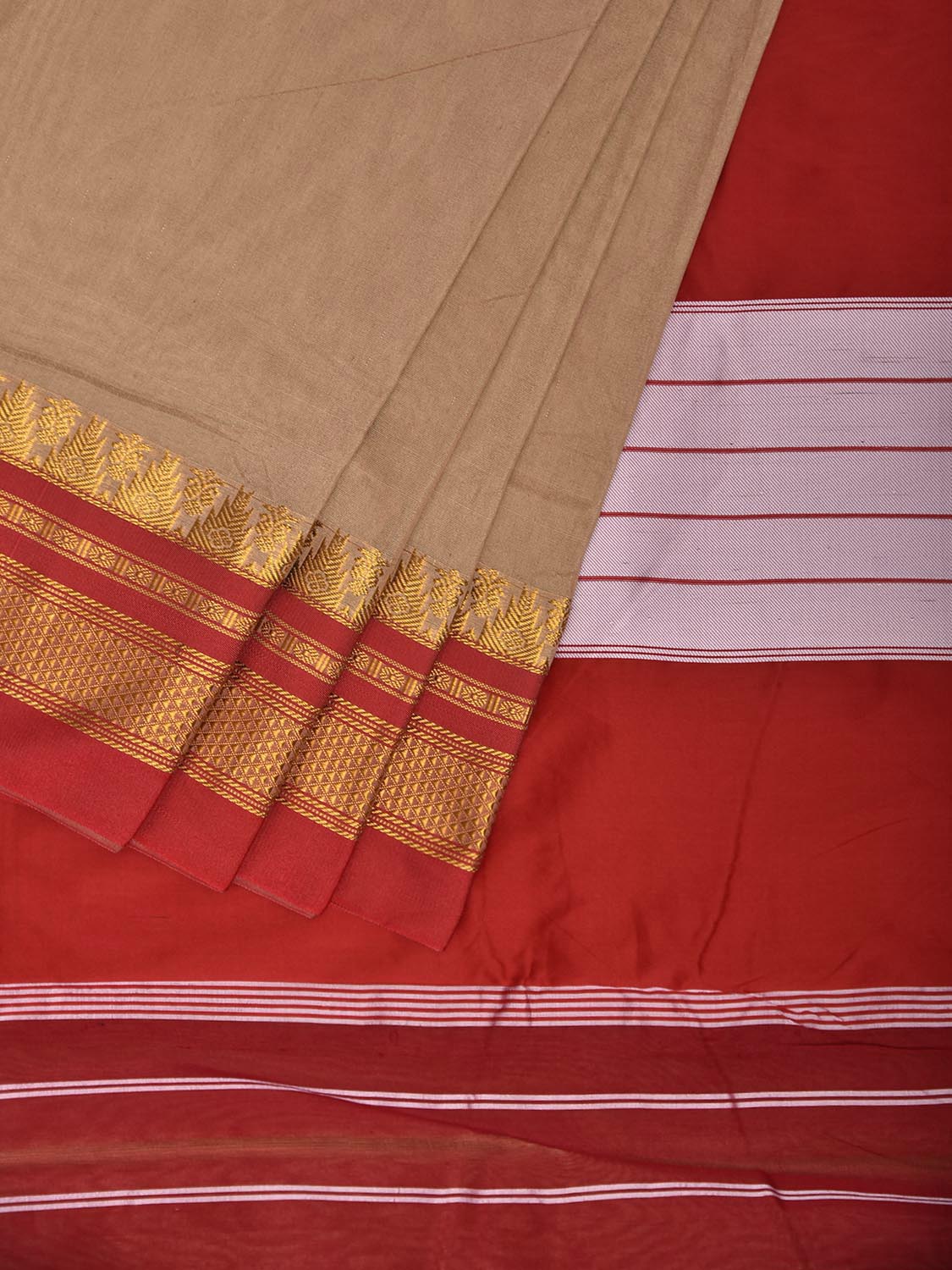 Cream and Red ilkal Viscose Plain Saree with Contrast Pallu and Temple Border Design il0109