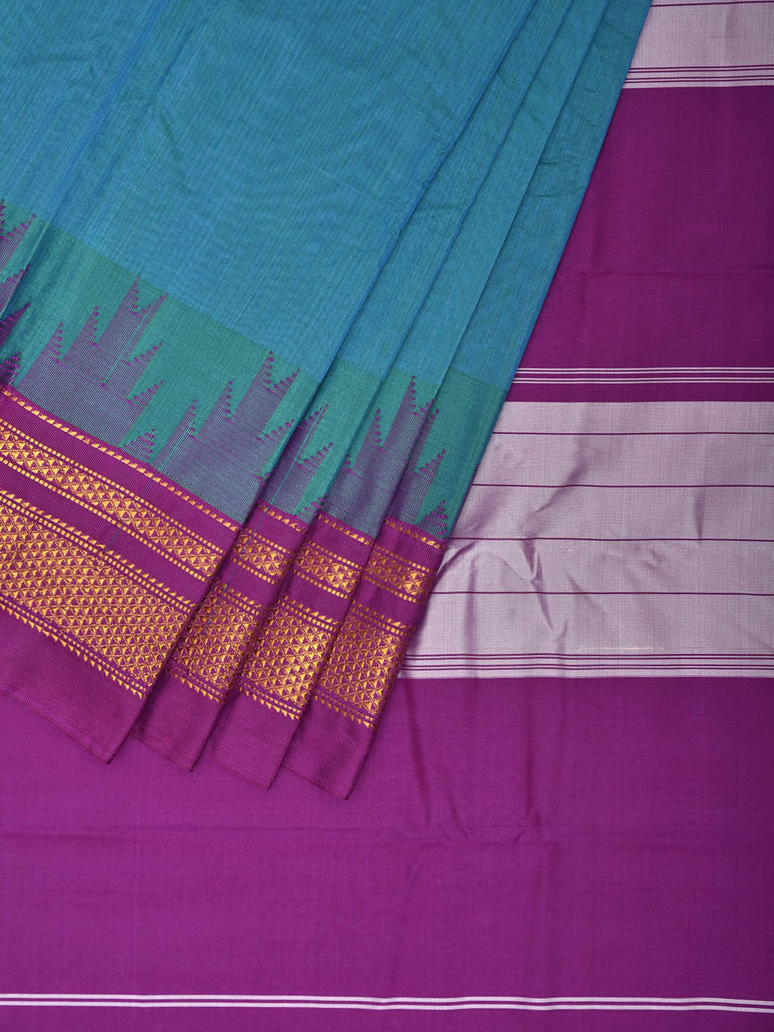 Blue and Purple ilkal Viscose Plain Saree with Big Temple Border Design il0121