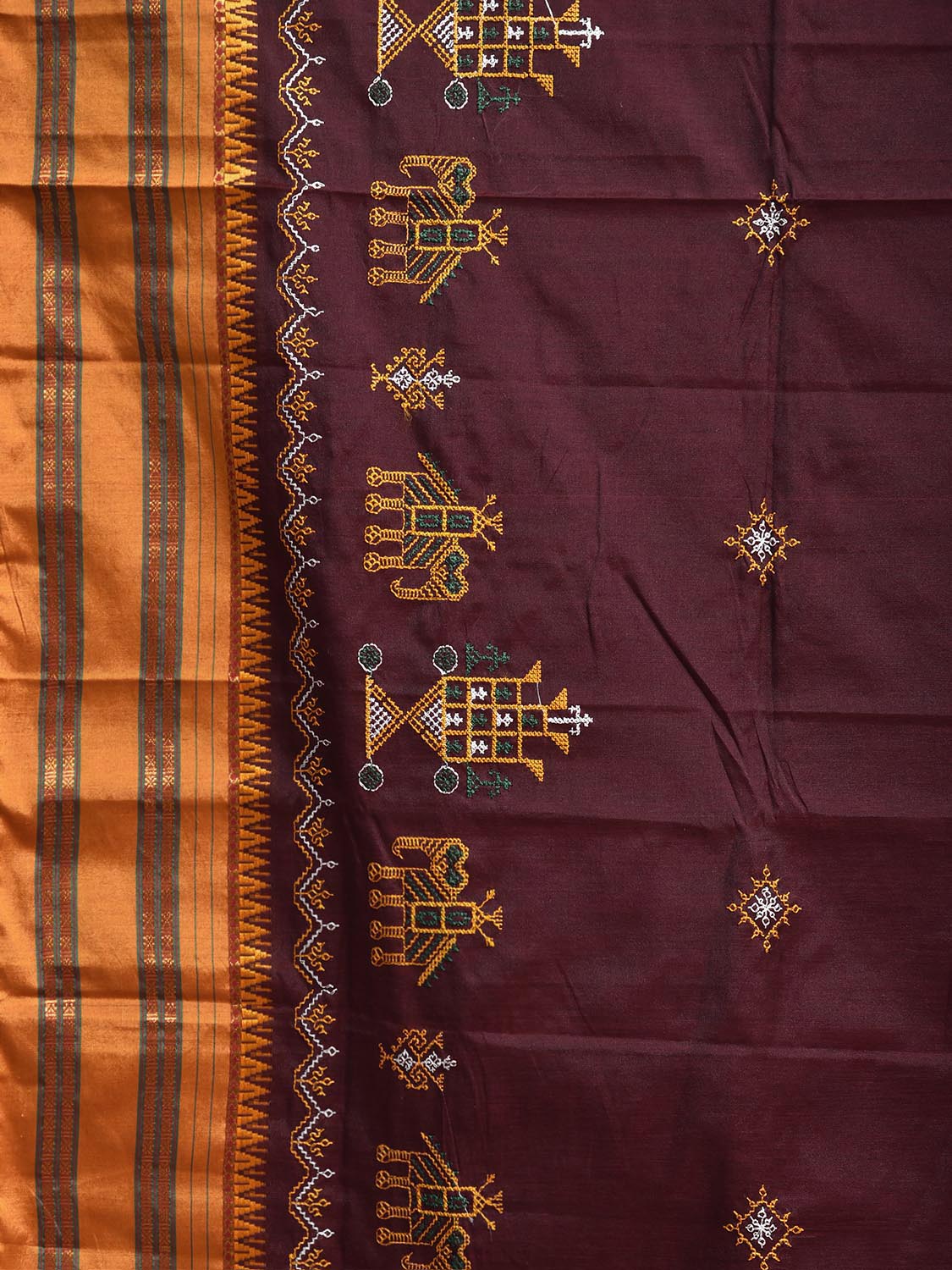 Maroon and Mustard ilkal Jacquard Viscose Saree with Kasuti Work Design No Blouse il0138