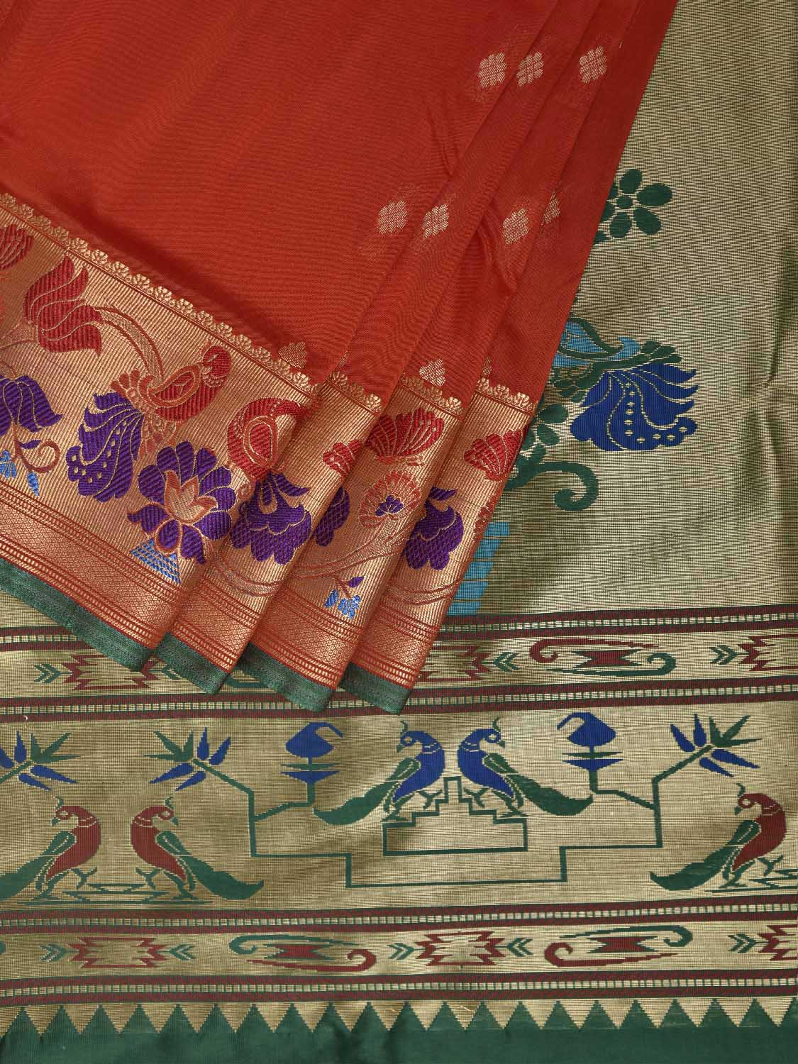 Orange and Green Jacquard Paithani Viscose Saree with Peacocks Pallu and Border Design jp0074