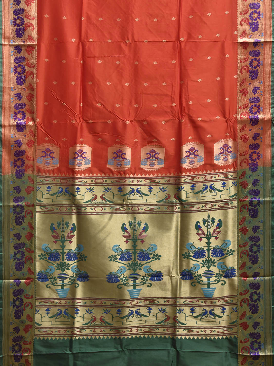 Orange and Green Jacquard Paithani Viscose Saree with Peacocks Pallu and Border Design jp0074