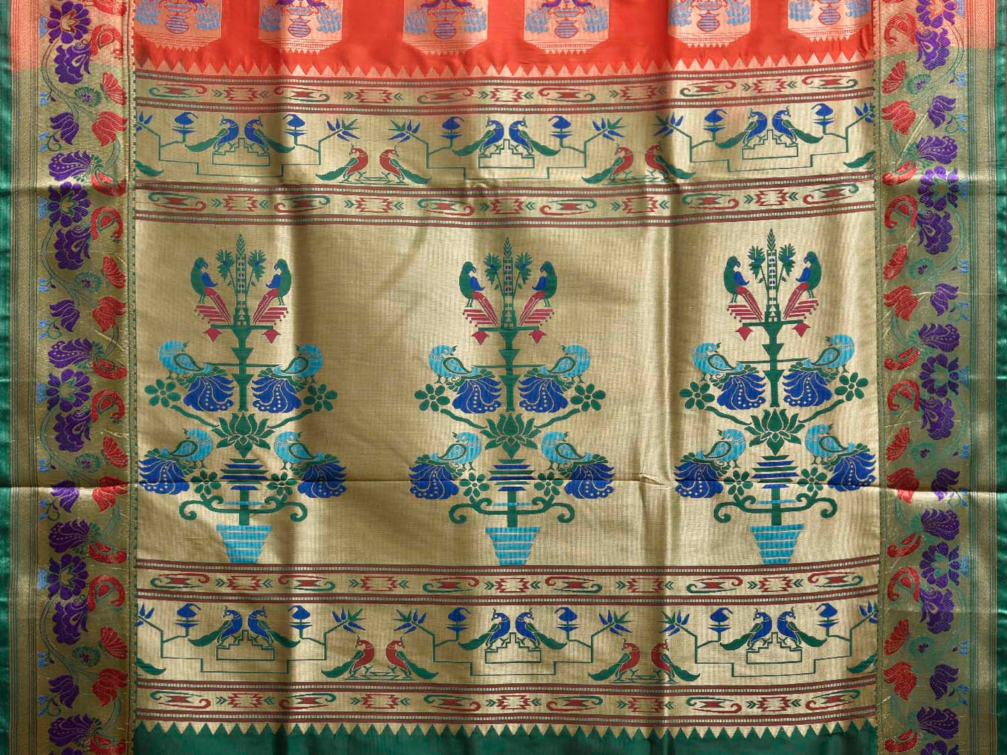 Orange and Green Jacquard Paithani Viscose Saree with Peacocks Pallu and Border Design jp0074