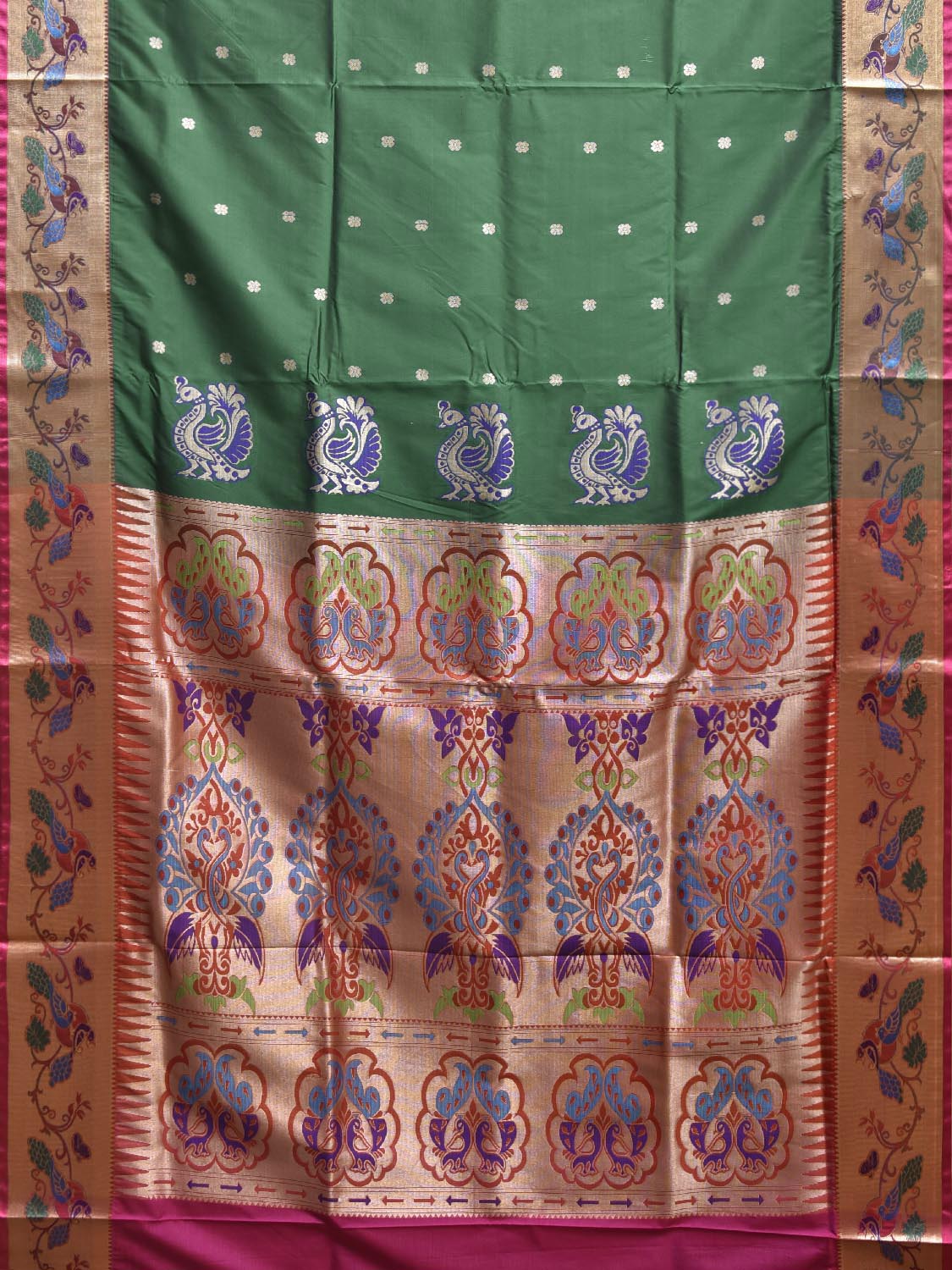 Green and Pink Jacquard Paithani Viscose Saree with Peacocks Pallu and Border Design jp0075