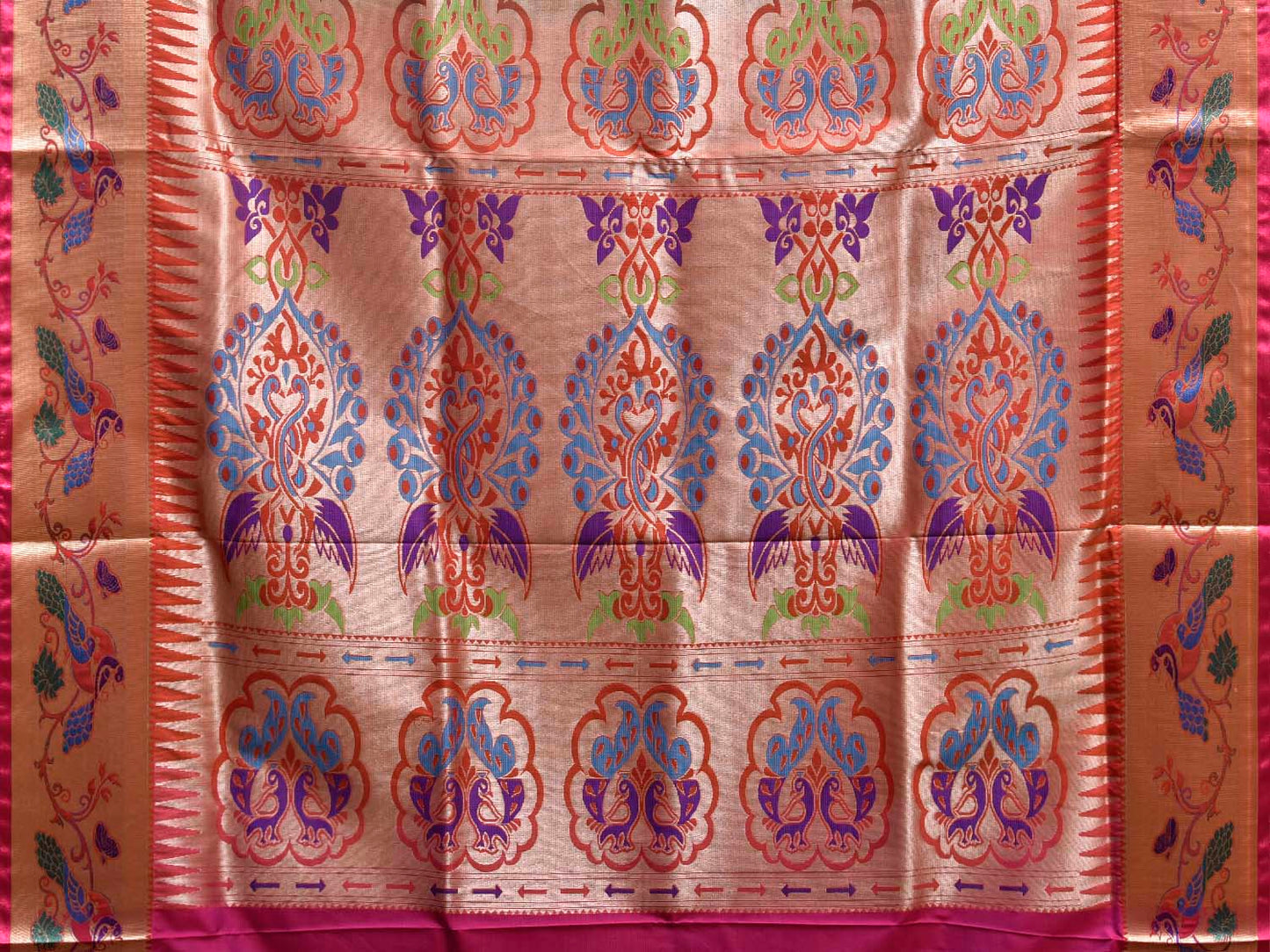 Green and Pink Jacquard Paithani Viscose Saree with Peacocks Pallu and Border Design jp0075