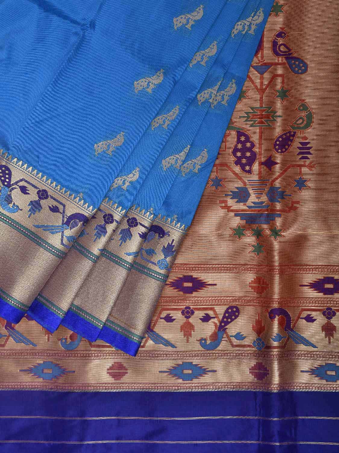 Blue and Dark Blue Jacquard Paithani Viscose Saree with Peacocks Pallu and Border Design jp0076