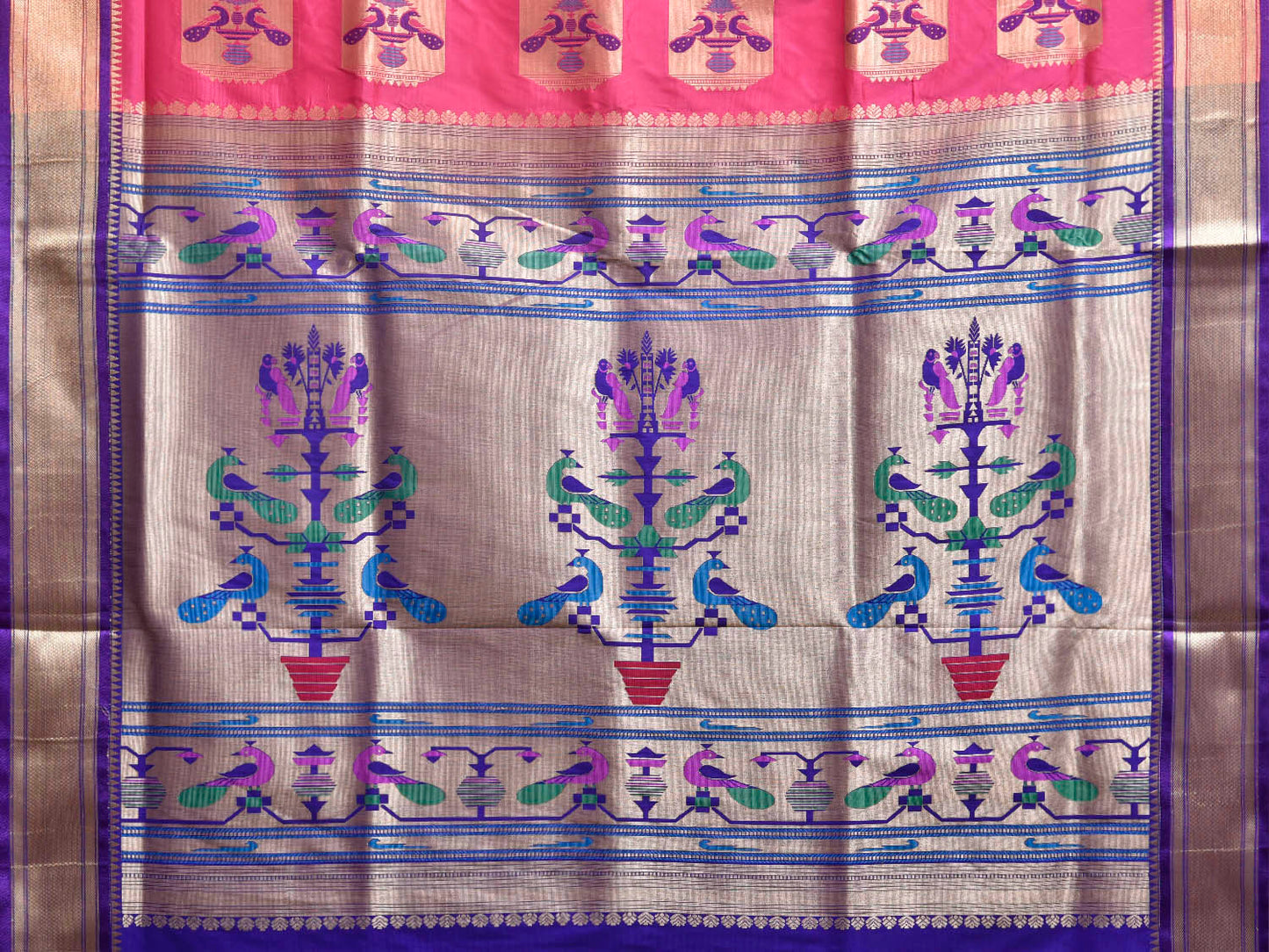 Pink and Dark Blue Jacquard Paithani Viscose Saree with Peacocks Pallu Design jp0079