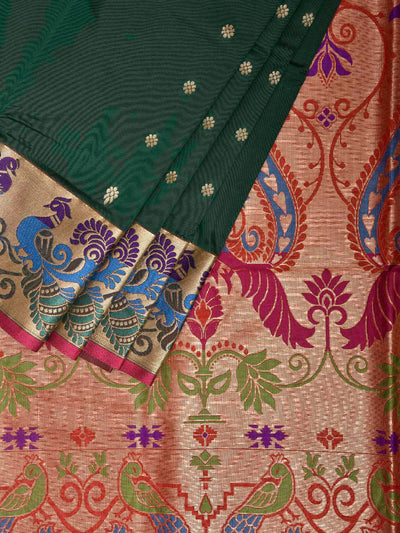 Green and Pink Jacquard Paithani Viscose Saree with Peacocks Pallu and Border Design jp0081
