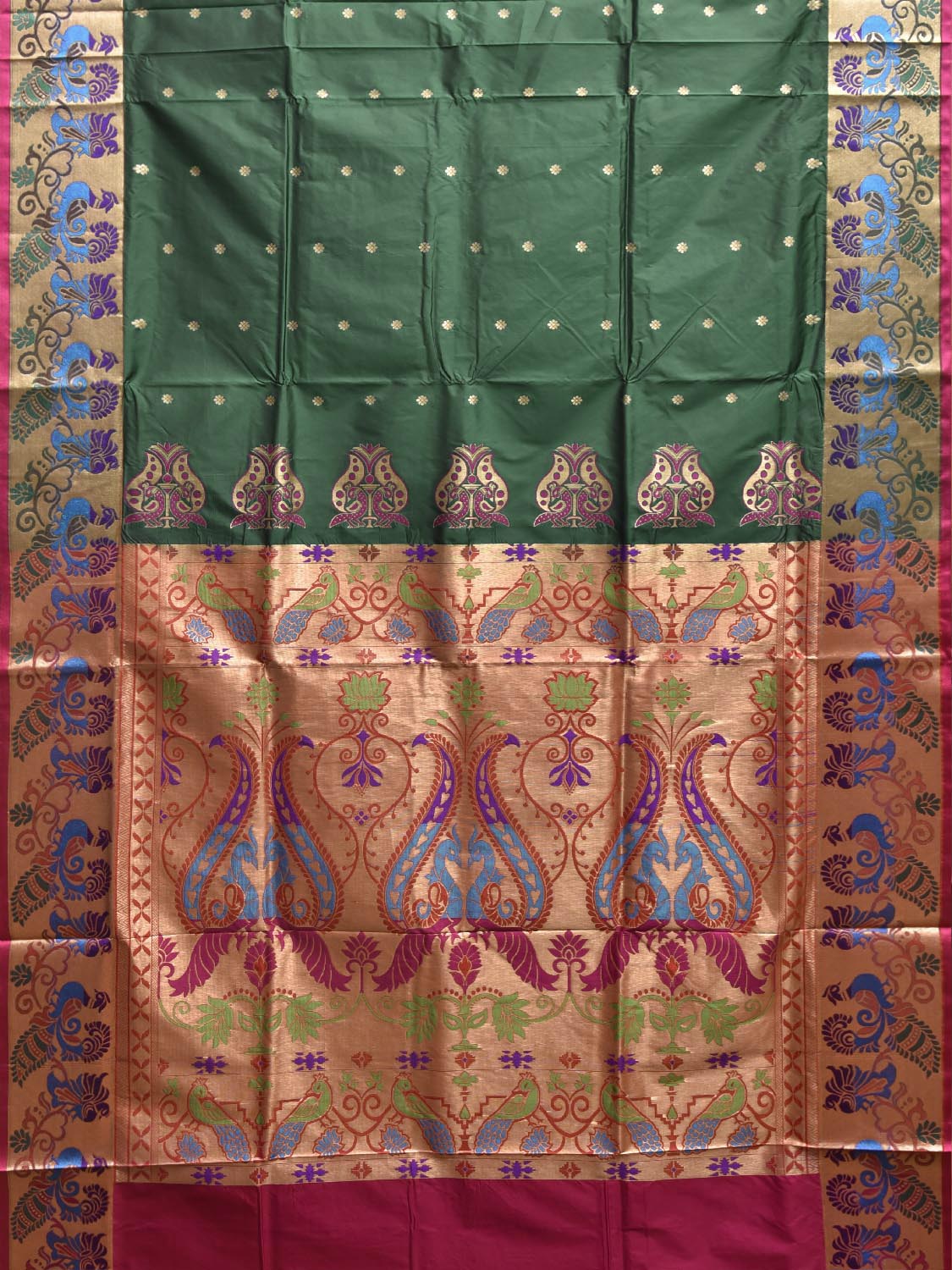 Green and Pink Jacquard Paithani Viscose Saree with Peacocks Pallu and Border Design jp0081