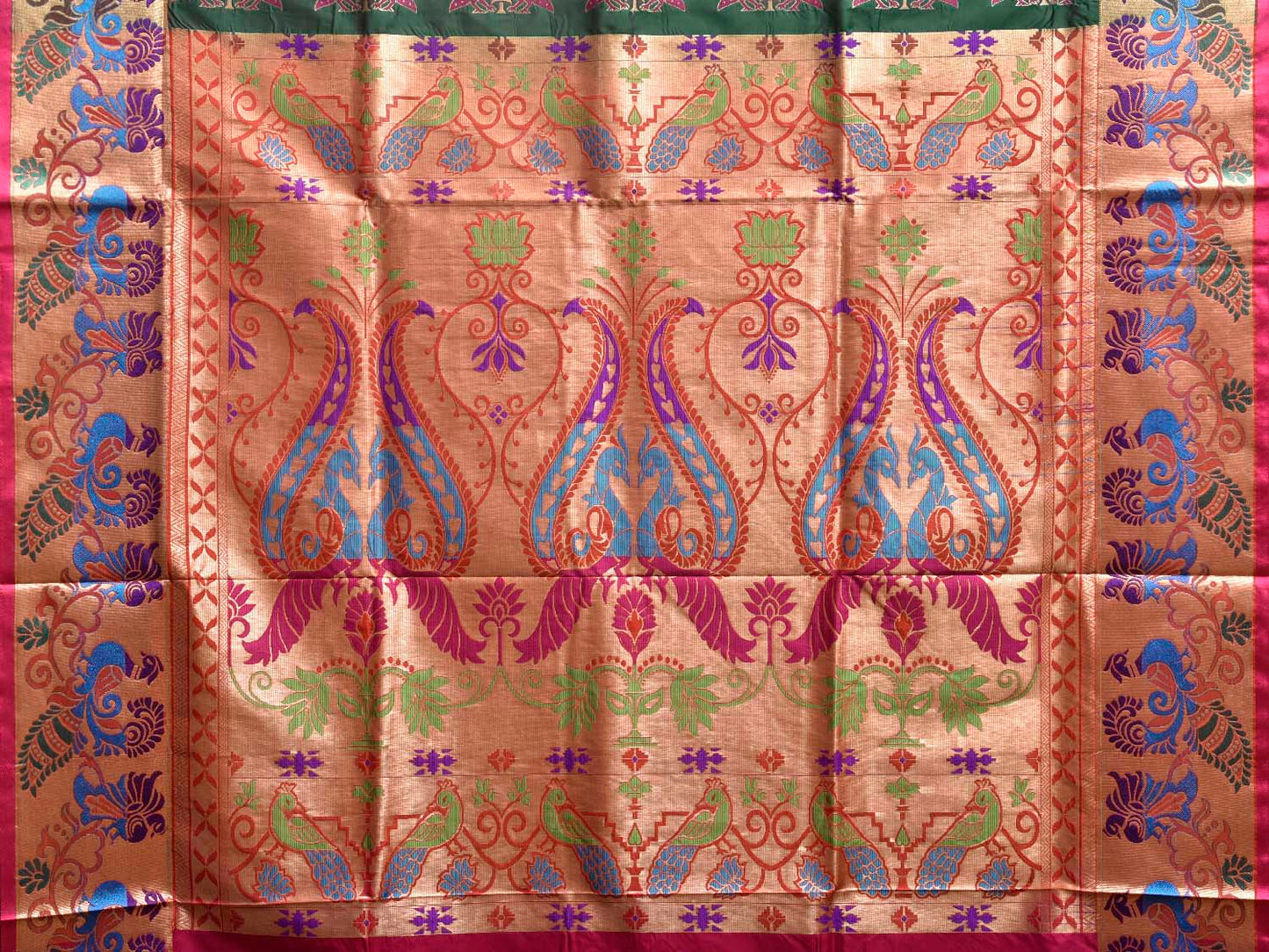 Green and Pink Jacquard Paithani Viscose Saree with Peacocks Pallu and Border Design jp0081