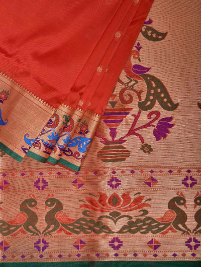 Orange and Green Jacquard Paithani Viscose Saree with Peacocks Pallu and Border Design jp0084