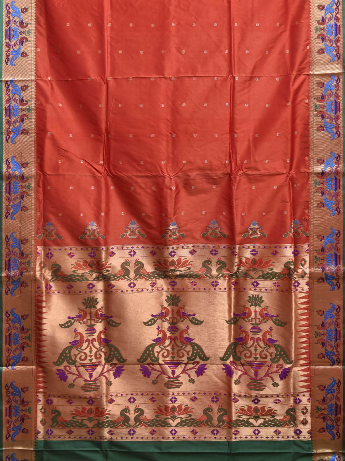 Orange and Green Jacquard Paithani Viscose Saree with Peacocks Pallu and Border Design jp0084