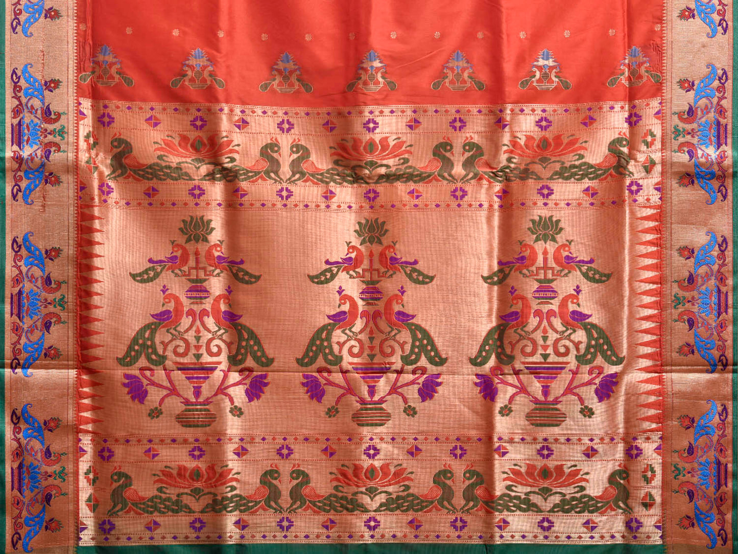 Orange and Green Jacquard Paithani Viscose Saree with Peacocks Pallu and Border Design jp0084