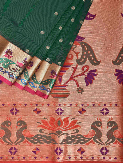 Green and Pink Jacquard Paithani Viscose Saree with Peacocks Pallu and Border Design jp0085