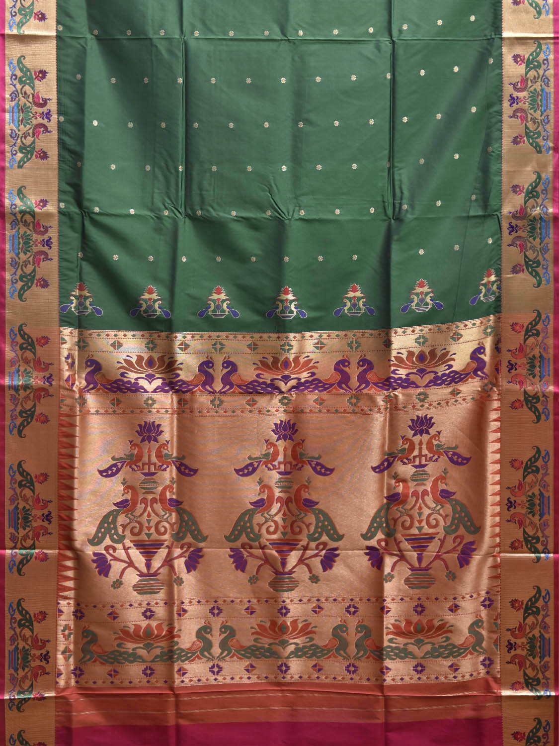 Green and Pink Jacquard Paithani Viscose Saree with Peacocks Pallu and Border Design jp0085