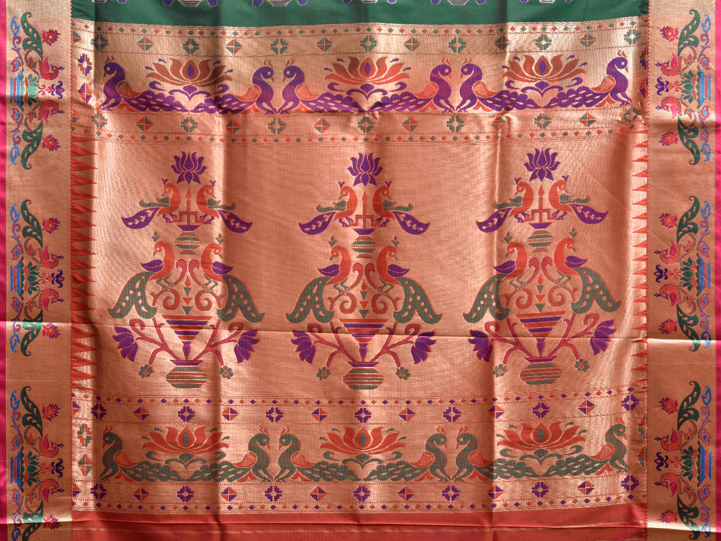 Green and Pink Jacquard Paithani Viscose Saree with Peacocks Pallu and Border Design jp0085