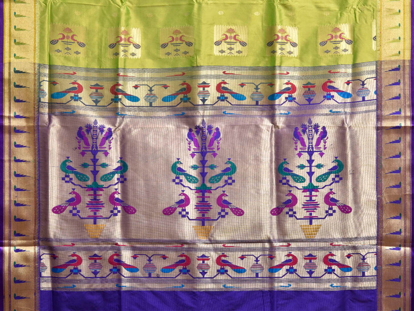 Light Green and Dark Blue Jacquard Paithani Viscose Saree with Peacocks Pallu and Muniya Border Design jp0087