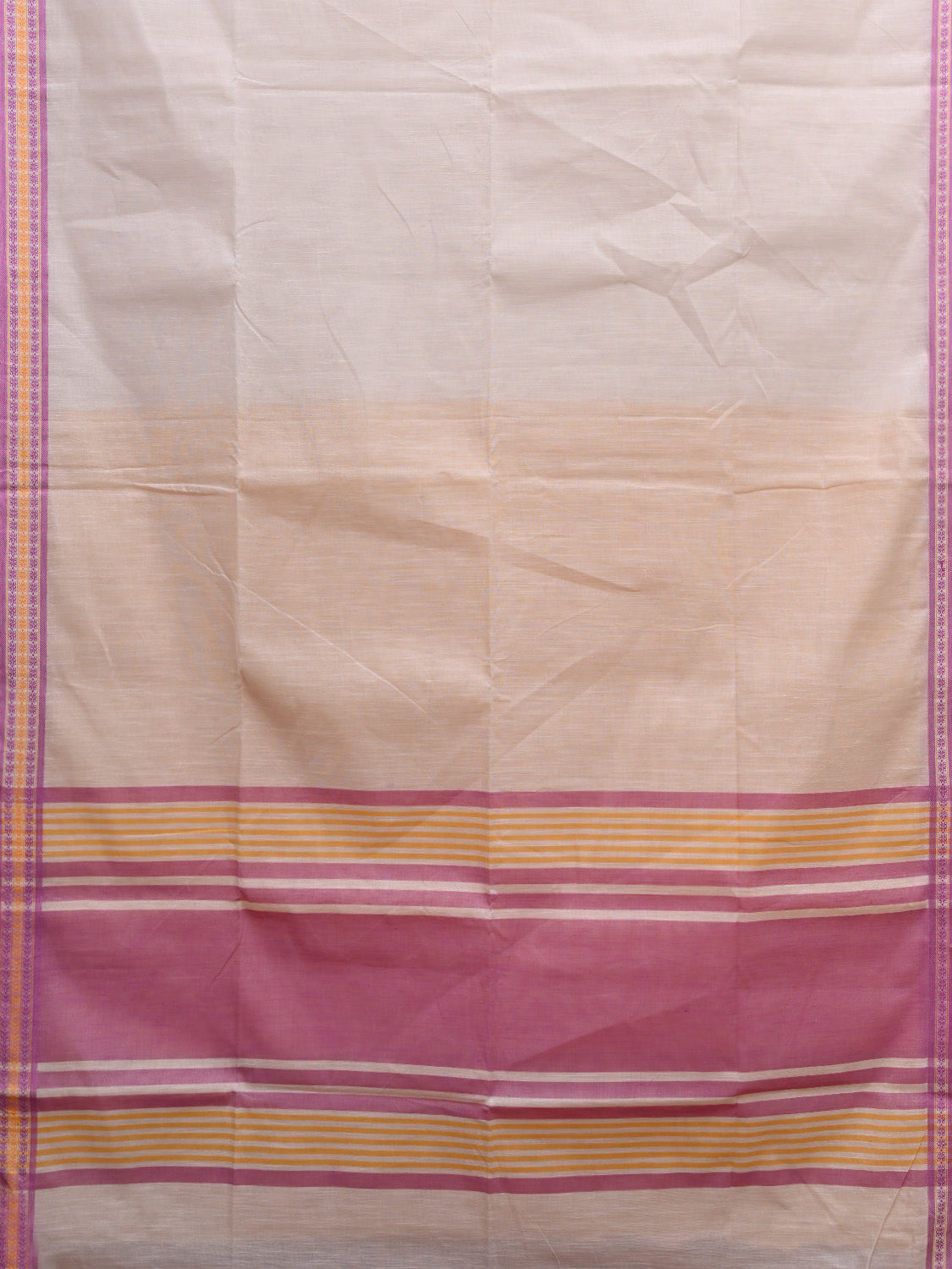 White and Pink Kanchipuram Cotton Handloom Plain Saree with Strips Pallu Design k0591
