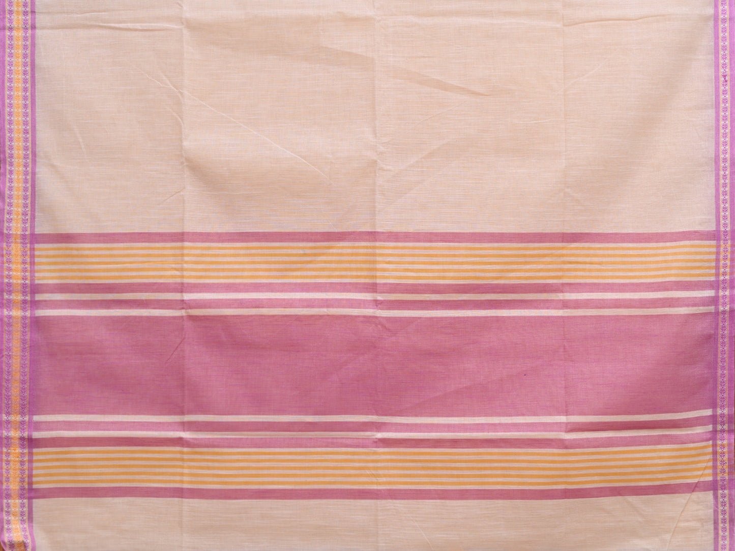 White and Pink Kanchipuram Cotton Handloom Plain Saree with Strips Pallu Design k0591