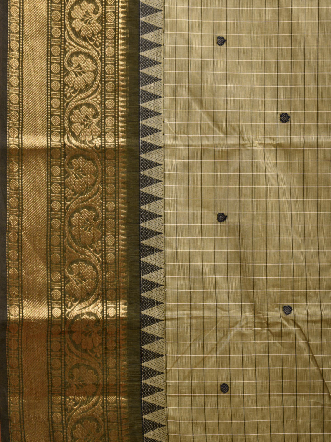 Cream and Olive Kanchipuram 80s Count Cotton Saree with Checks and Buta Design No Blouse k0626