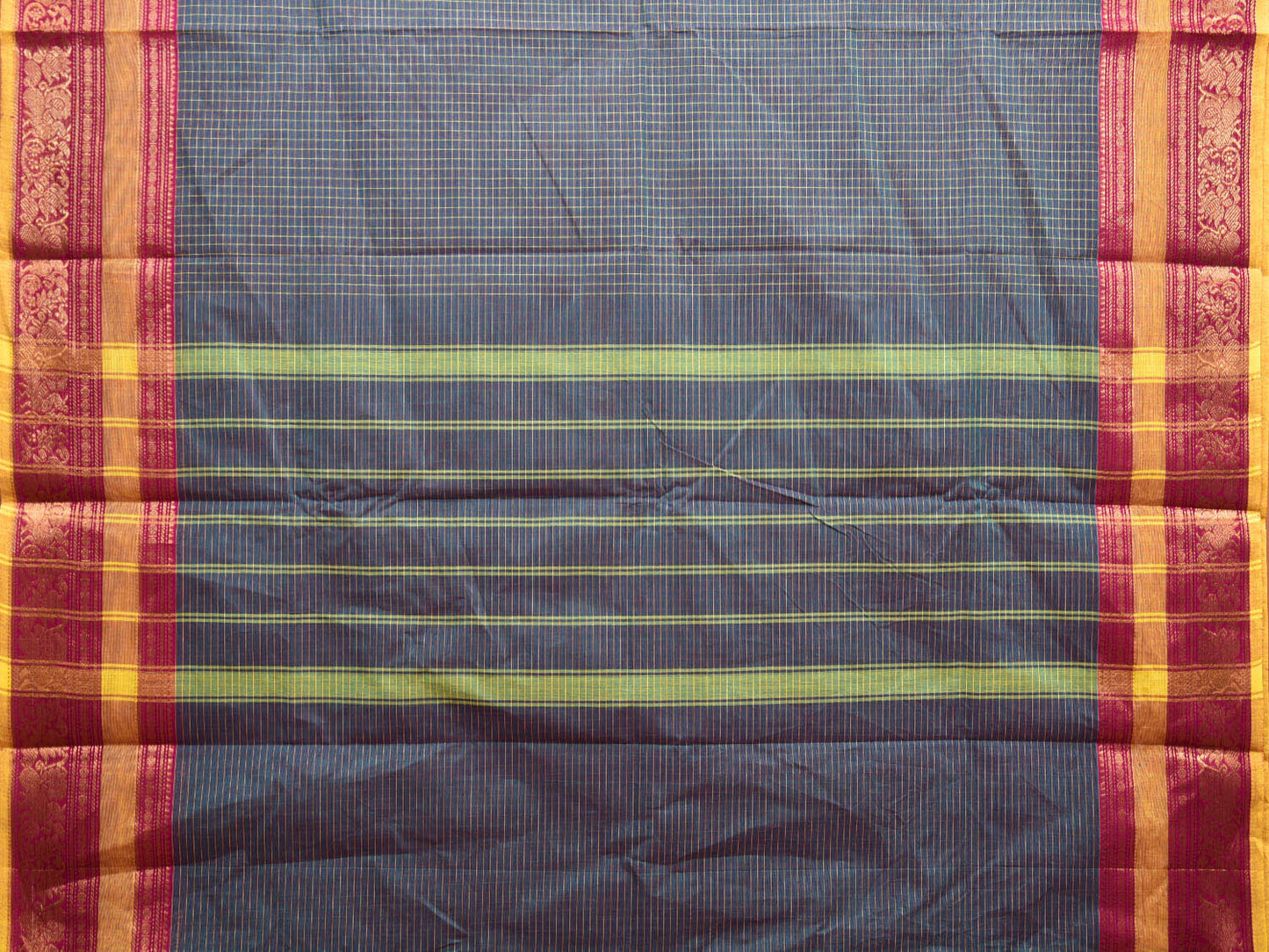 Teal and Pink Kanchipuram 80s Count Cotton Saree with Checks and Border Design No Blouse k0629