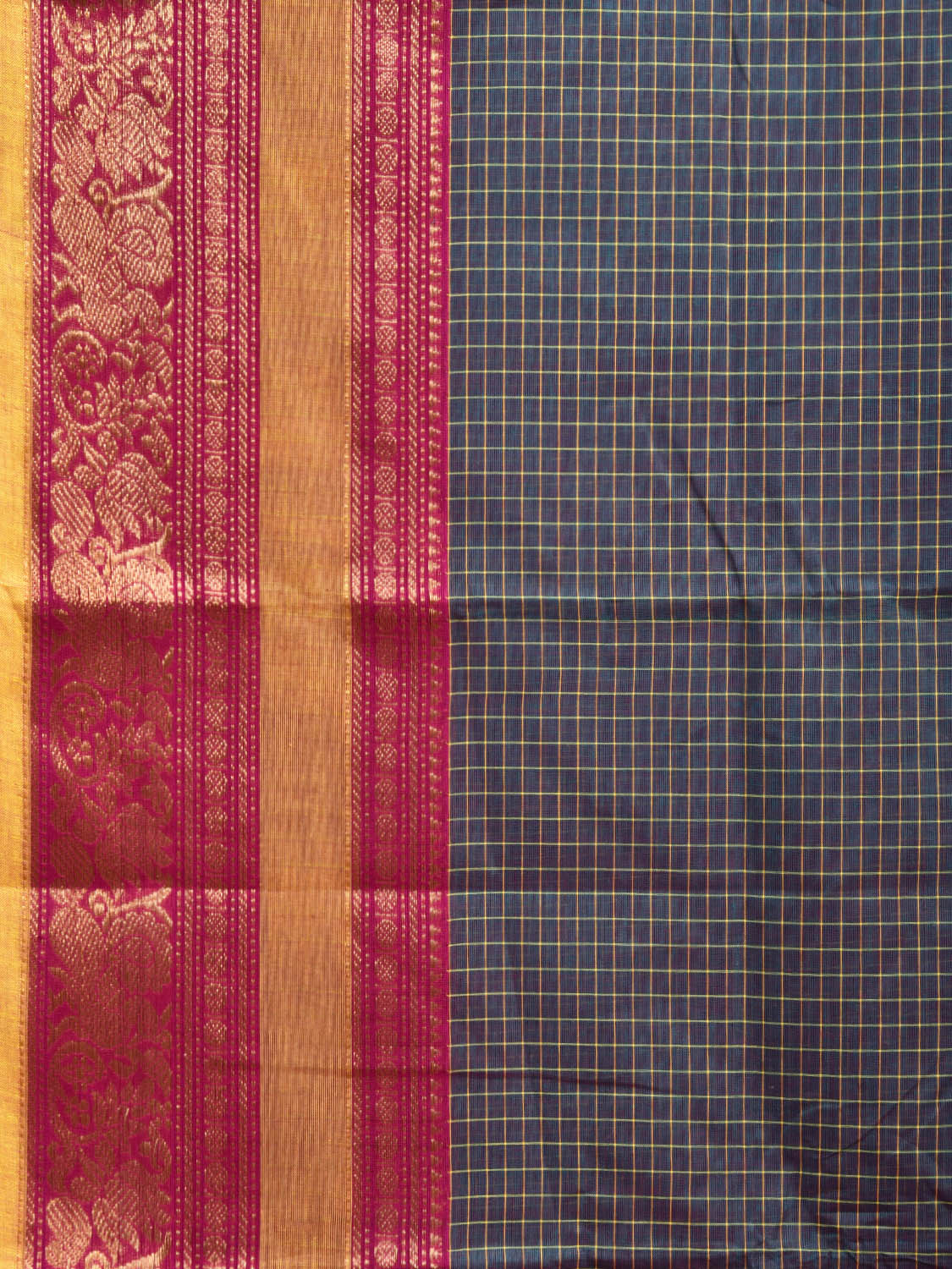 Teal and Pink Kanchipuram 80s Count Cotton Saree with Checks and Border Design No Blouse k0629
