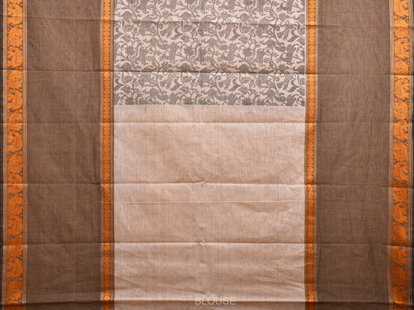 Cream and Khaki Kanchipuram 60s Count Cotton Saree with All Over Shikargha Design k0630