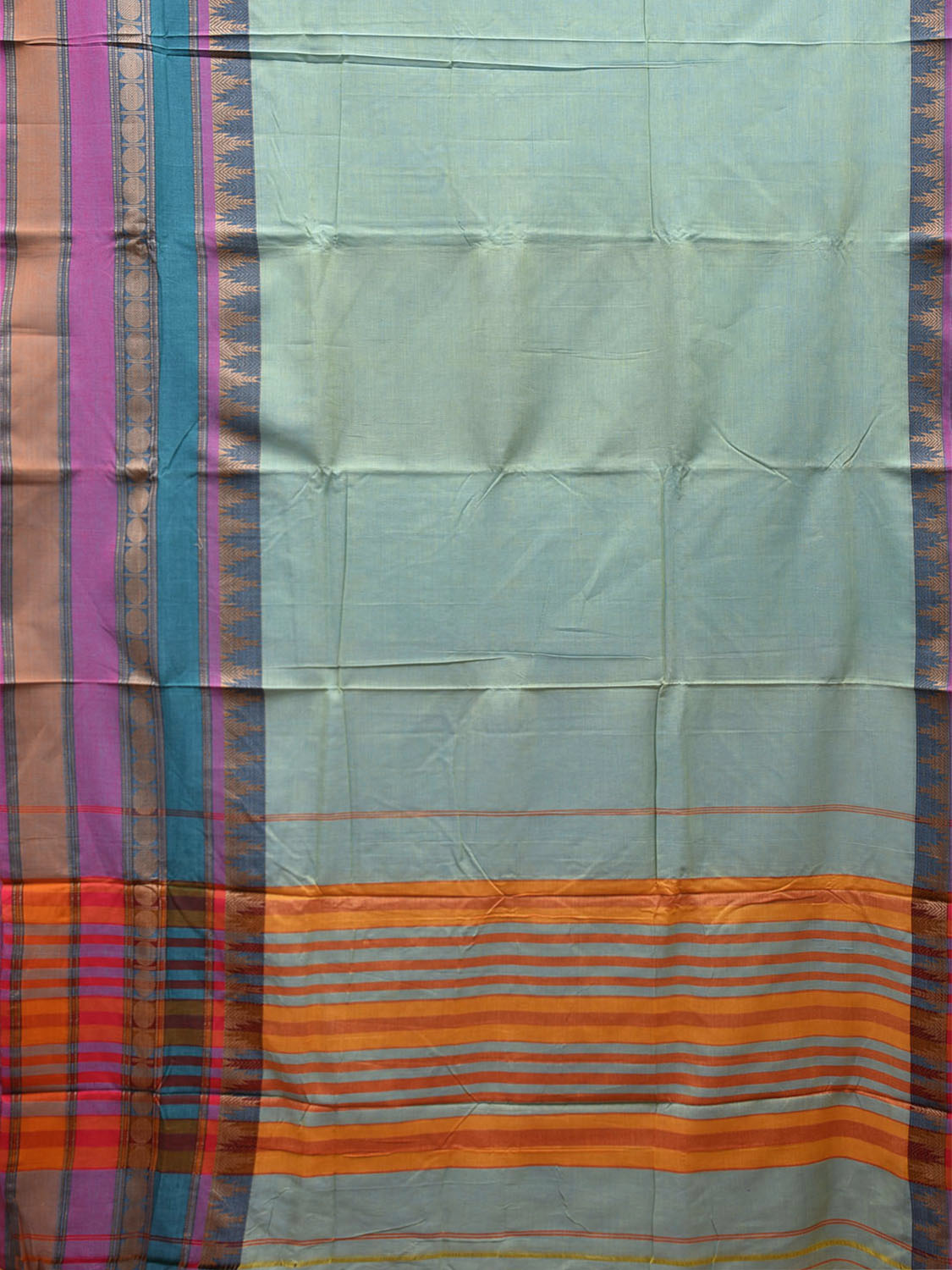 Sea Blue Kanchipuram Cotton Saree with One Side Big Border Design No Blouse k0633