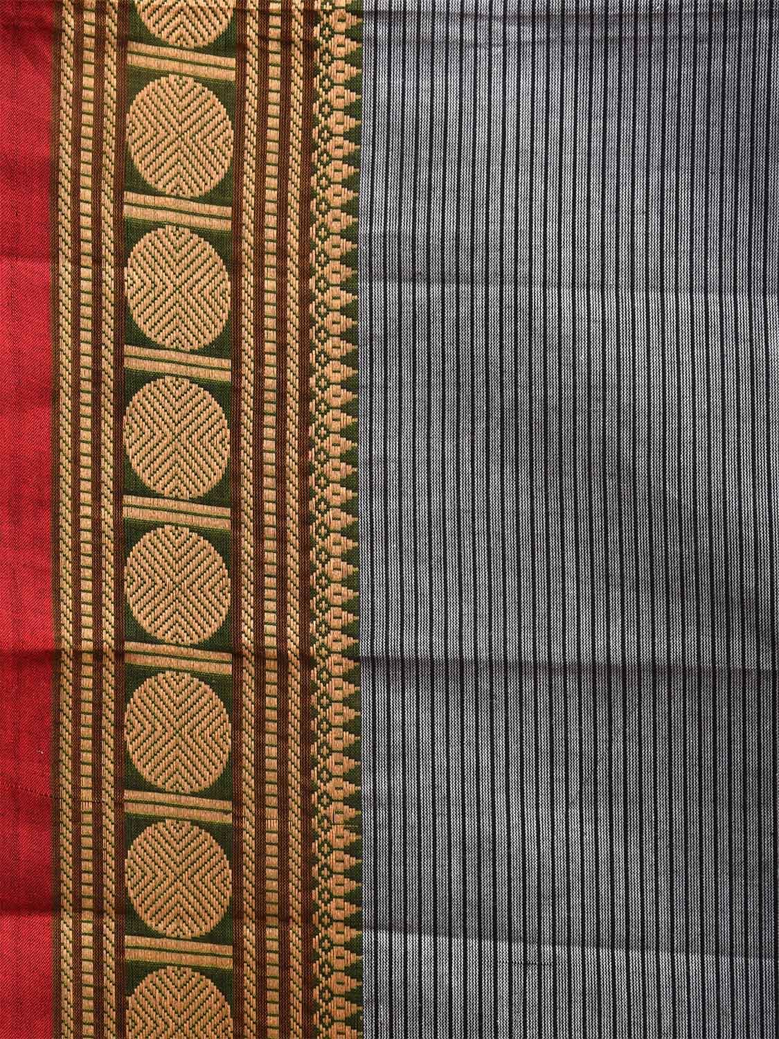 Grey Kanchipuram 80s Cotton Saree with Strips and Rudraksh Border Design No Blouse k0635