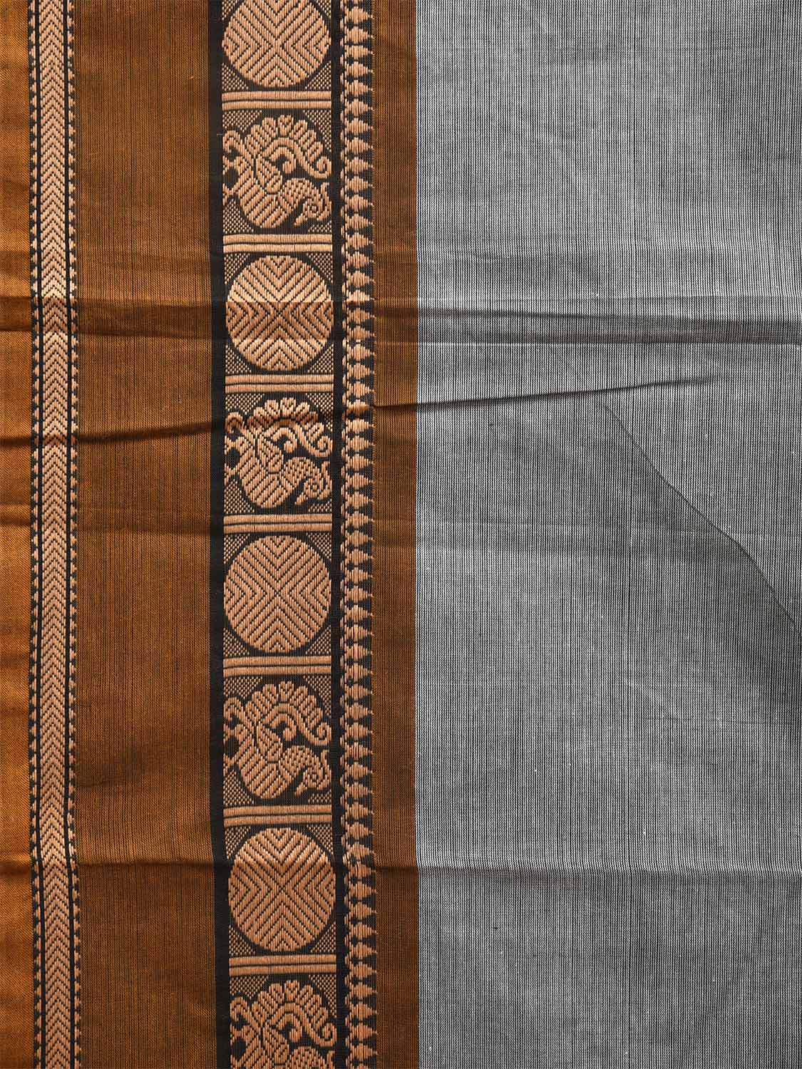 Light Grey and Olive Kanchipuram 80s Cotton Plain Saree with Peacock-Rudraksh Border Design No Blouse k0637
