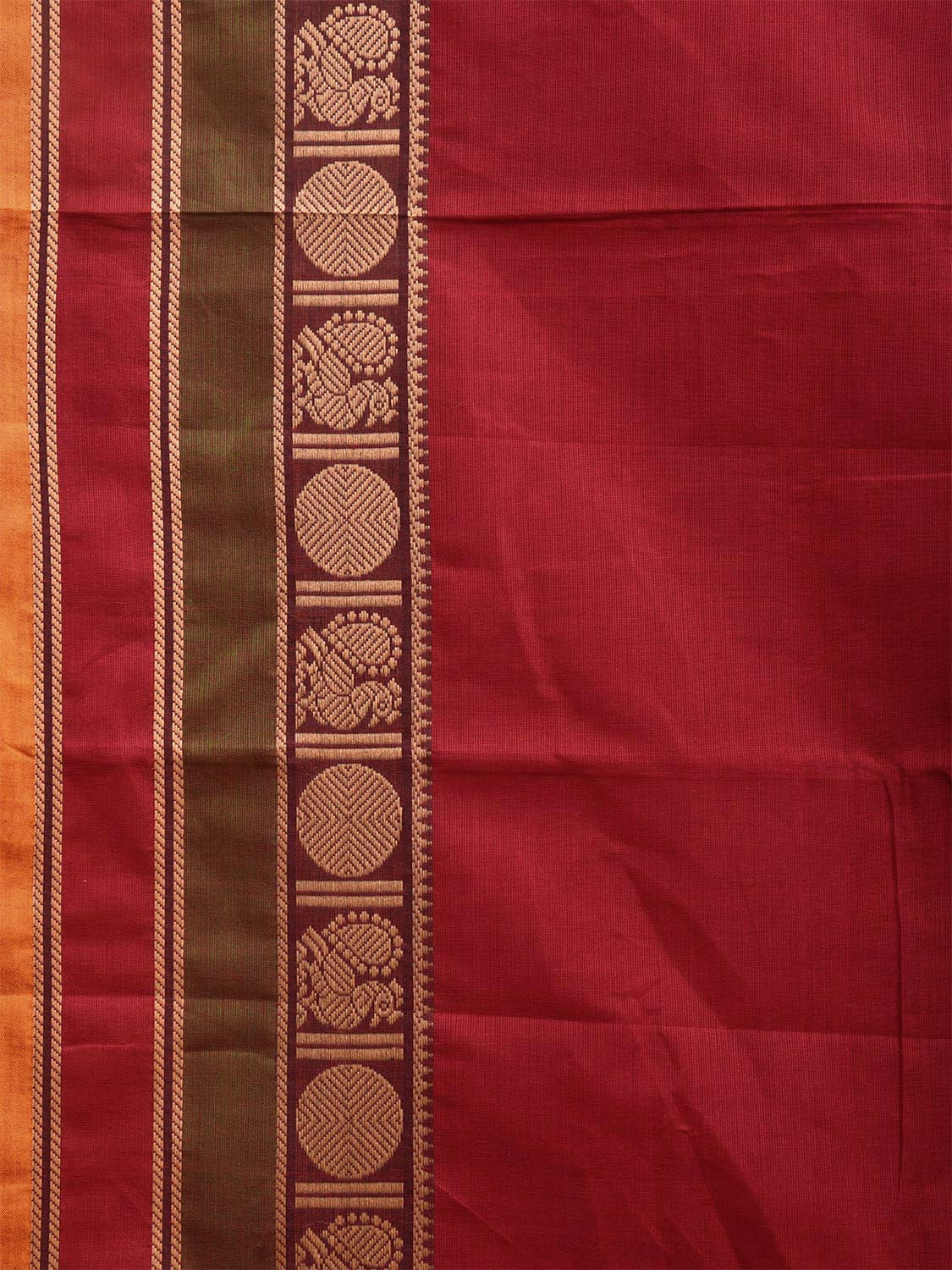 Dark Red Kanchipuram 80s Cotton Plain Saree with Peacock-Rudraksh Border Design No Blouse k0640