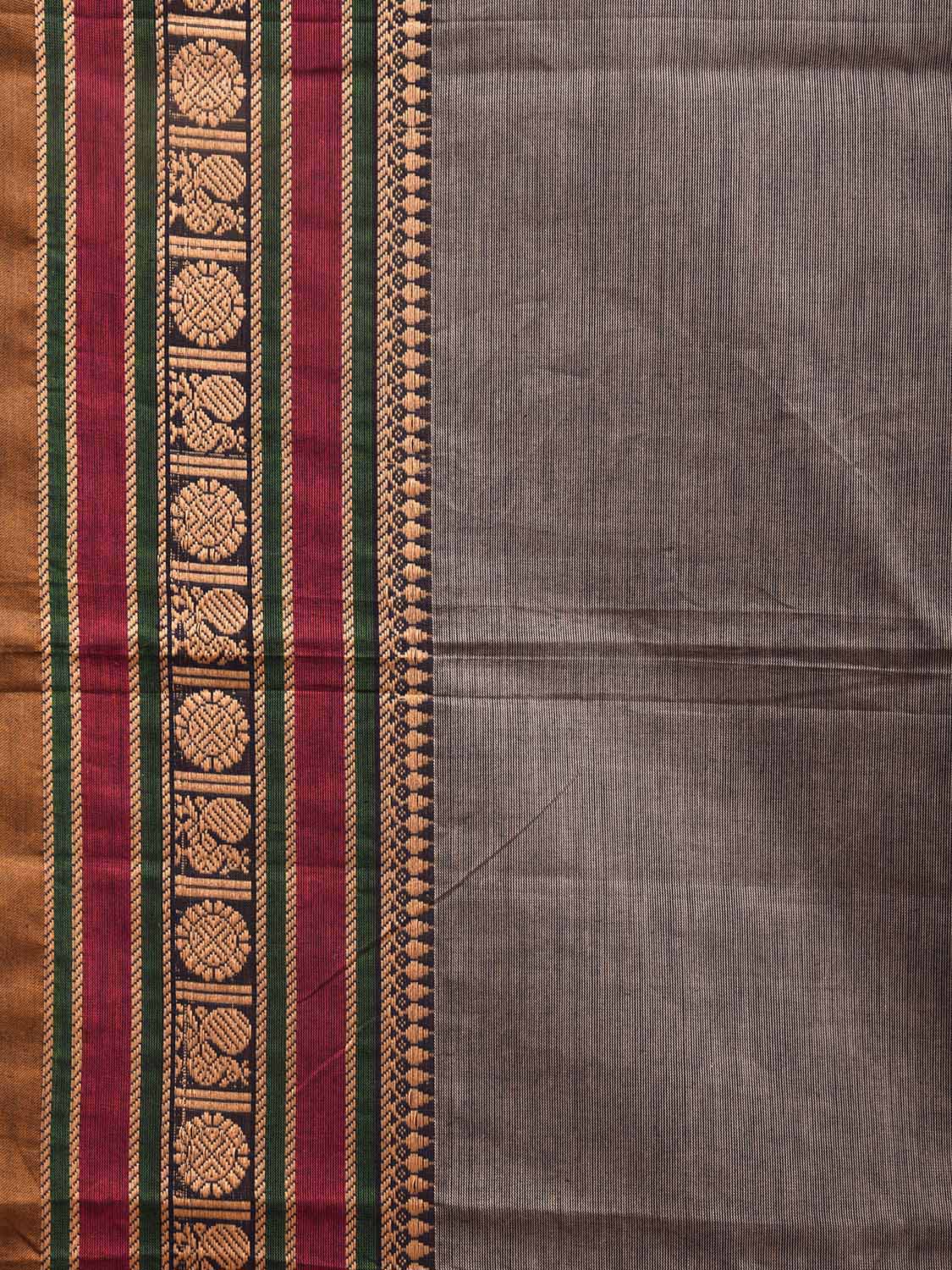 Grey Kanchipuram 80s Cotton Plain Saree with Peacock-Rudraksh Border Design No Blouse k0642