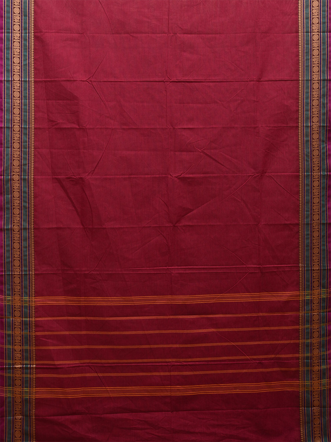 Wine Kanchipuram 80s Cotton Plain Saree with Peacock-Rudraksh Border Design No Blouse k0648