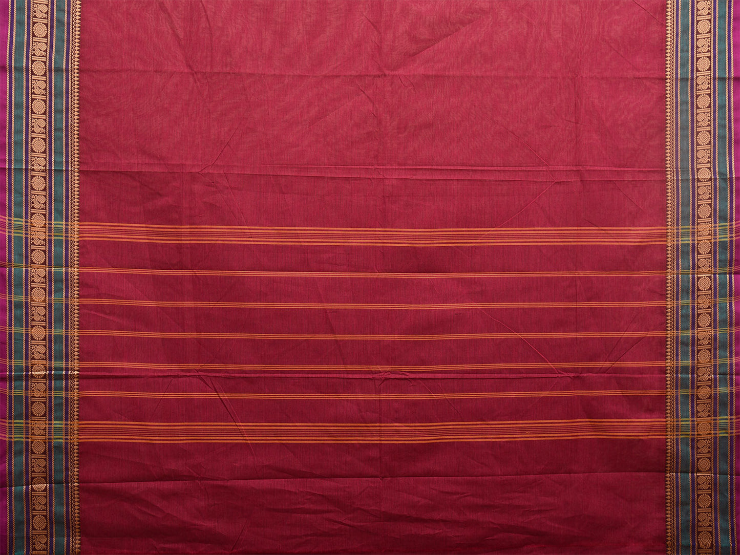 Wine Kanchipuram 80s Cotton Plain Saree with Peacock-Rudraksh Border Design No Blouse k0648