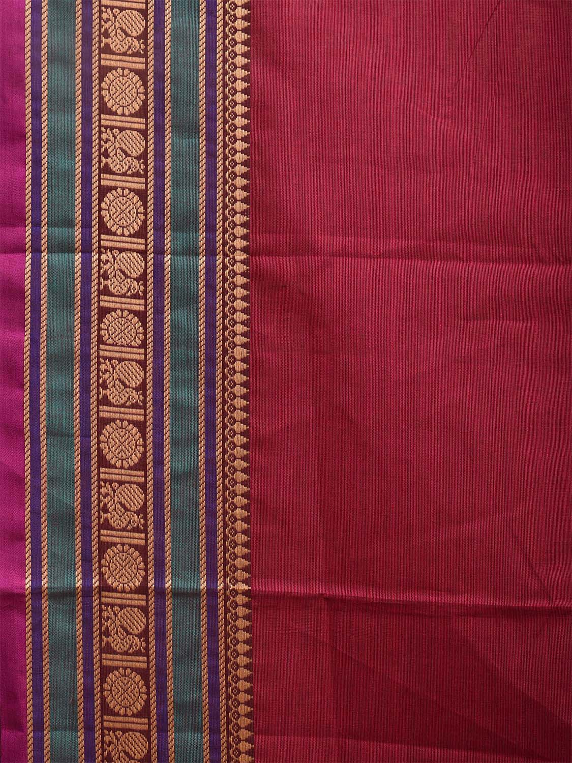 Wine Kanchipuram 80s Cotton Plain Saree with Peacock-Rudraksh Border Design No Blouse k0648