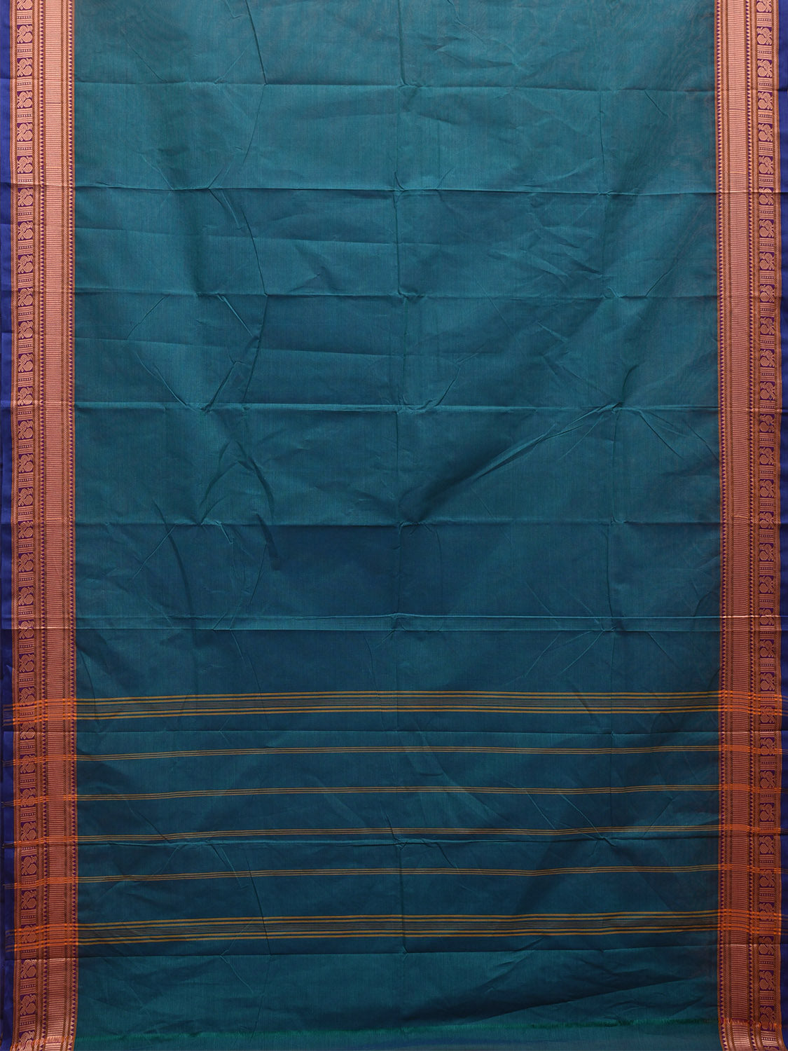 Teal Kanchipuram 80s Cotton Plain Saree with Peacock Border Design No Blouse k0650
