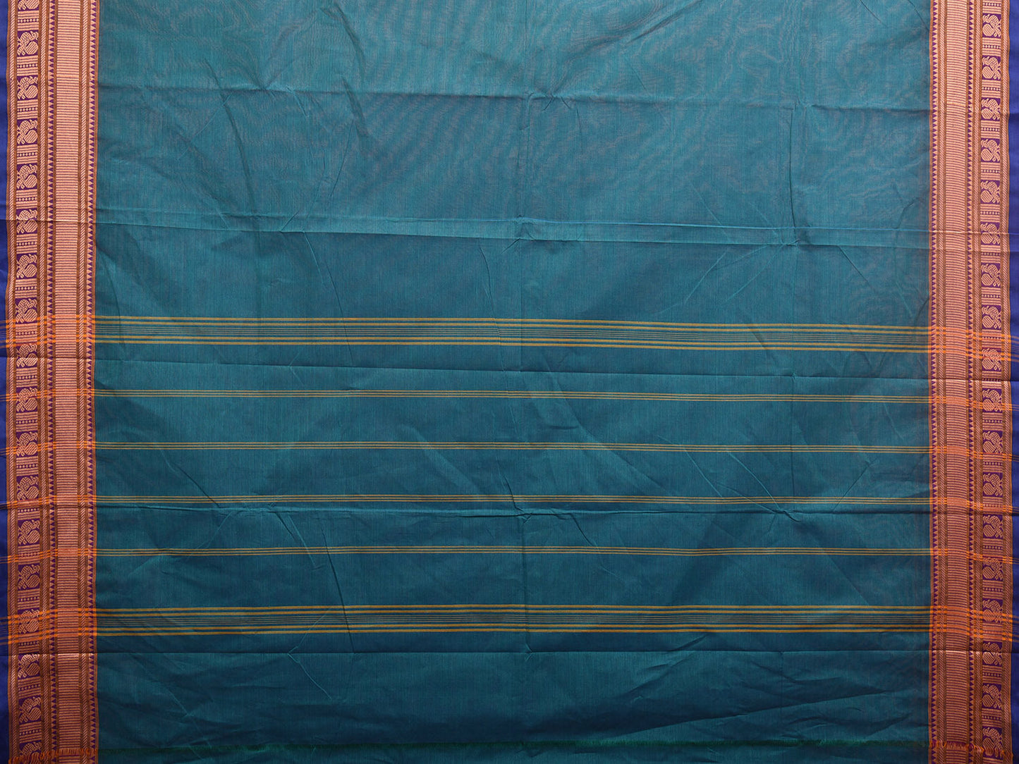 Teal Kanchipuram 80s Cotton Plain Saree with Peacock Border Design No Blouse k0650