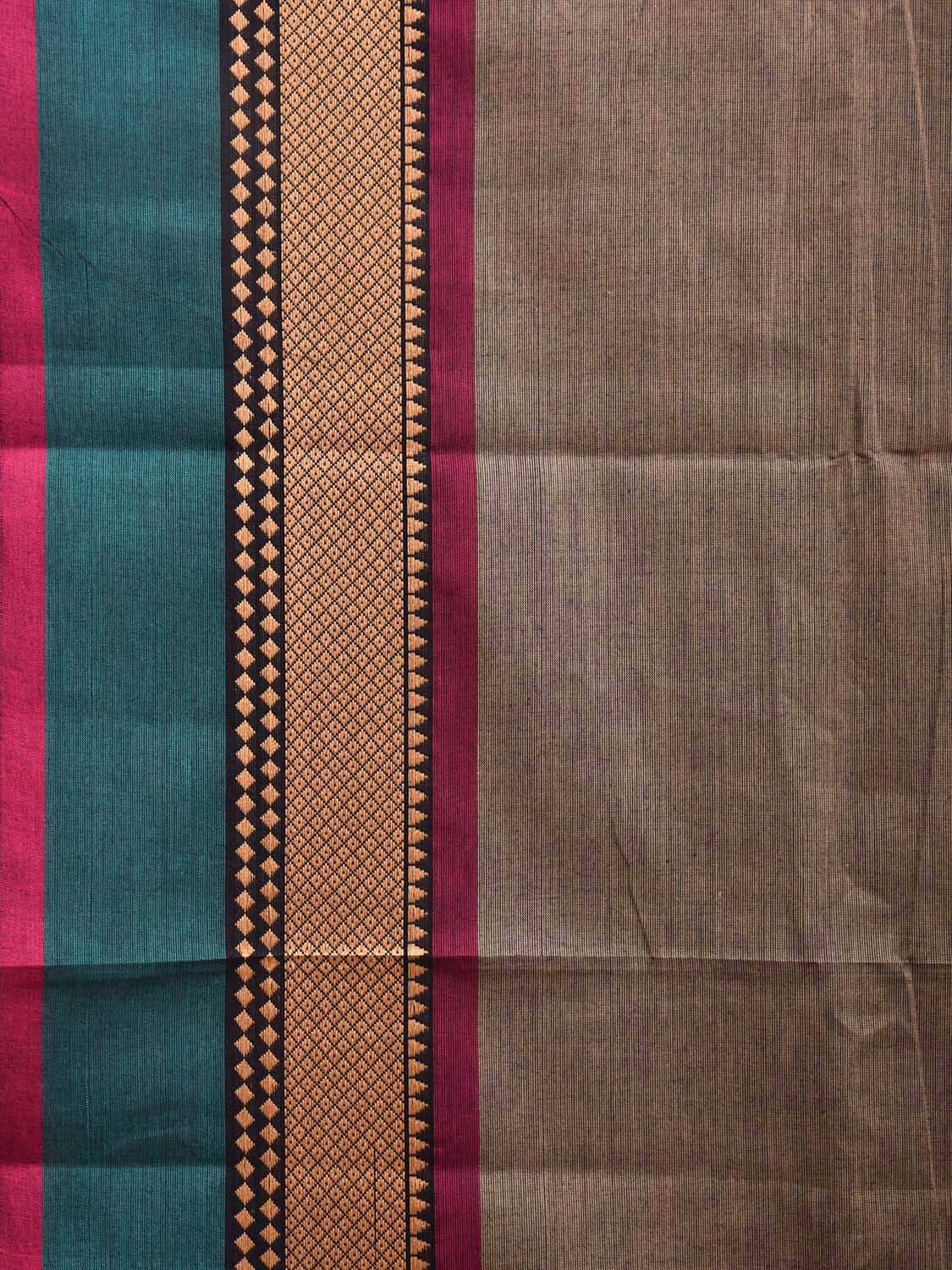 Khaki Kanchipuram 80s Cotton Plain Saree with Strips Pallu and Border Design No Blouse k0652