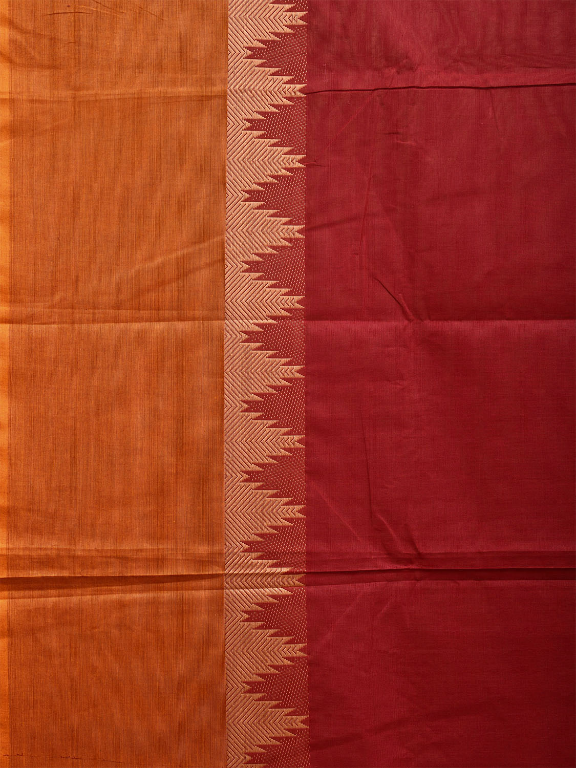 Dark Red Kanchipuram 80s Cotton Plain Saree with Ganga-Jamuna Temple Border Design No Blouse k0654