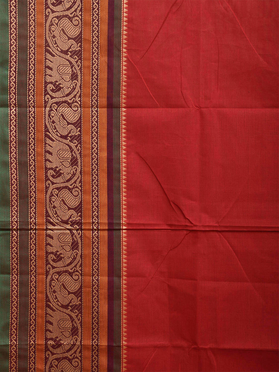 Red Kanchipuram 80s Cotton Plain Saree with Peacock-Elephant Border Design No Blouse k0658
