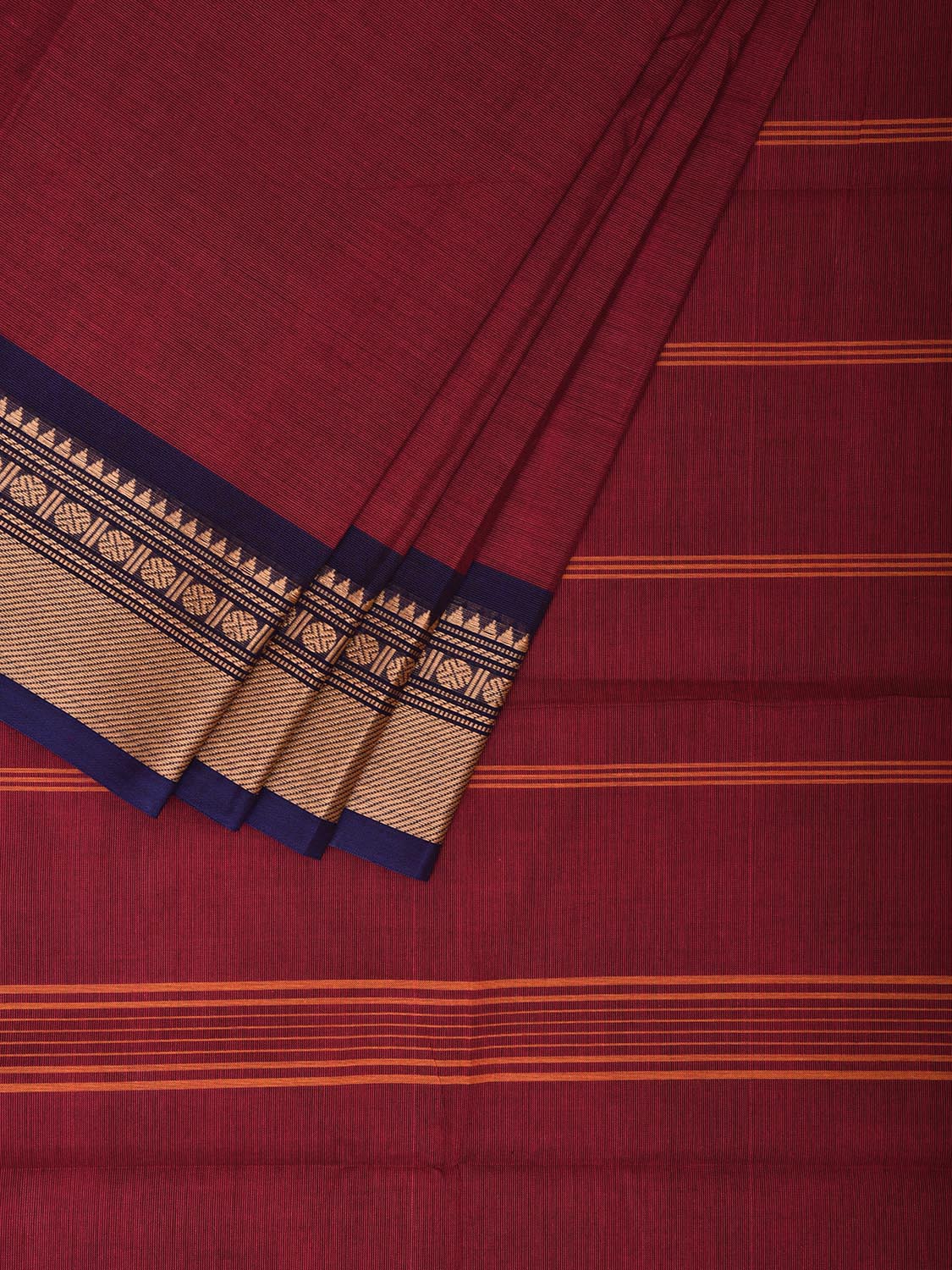 Wine Kanchipuram 80s Cotton Plain Saree with Ganga-Jamuna Border Design No Blouse k0664