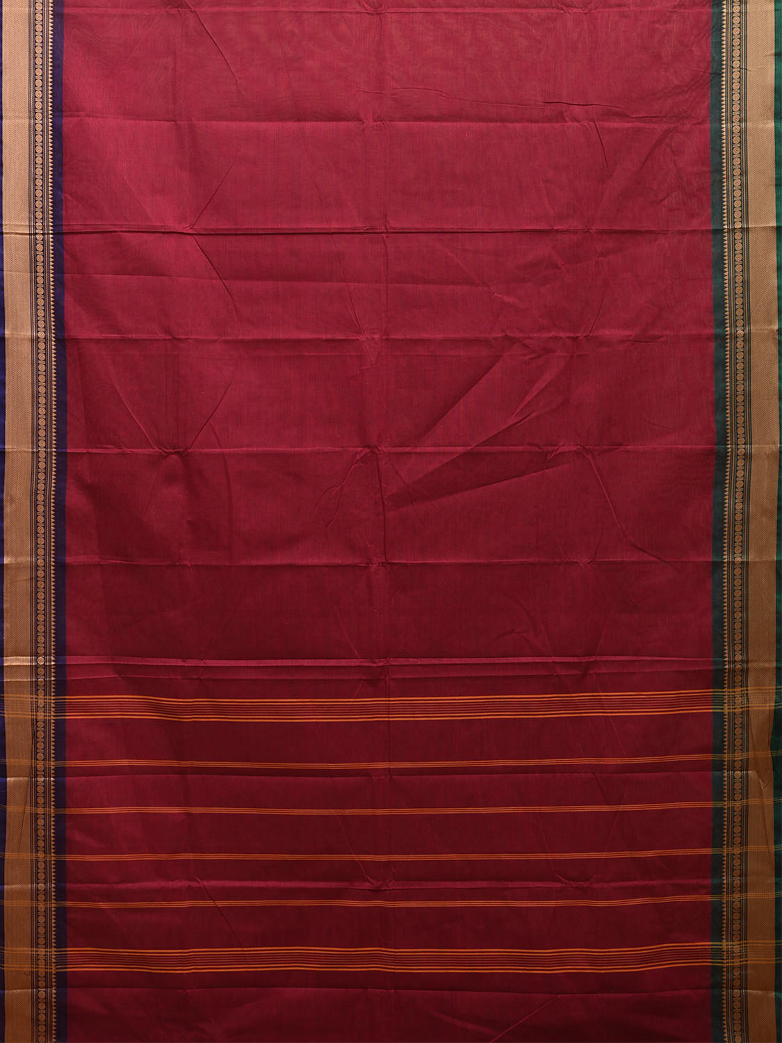 Wine Kanchipuram 80s Cotton Plain Saree with Ganga-Jamuna Border Design No Blouse k0664