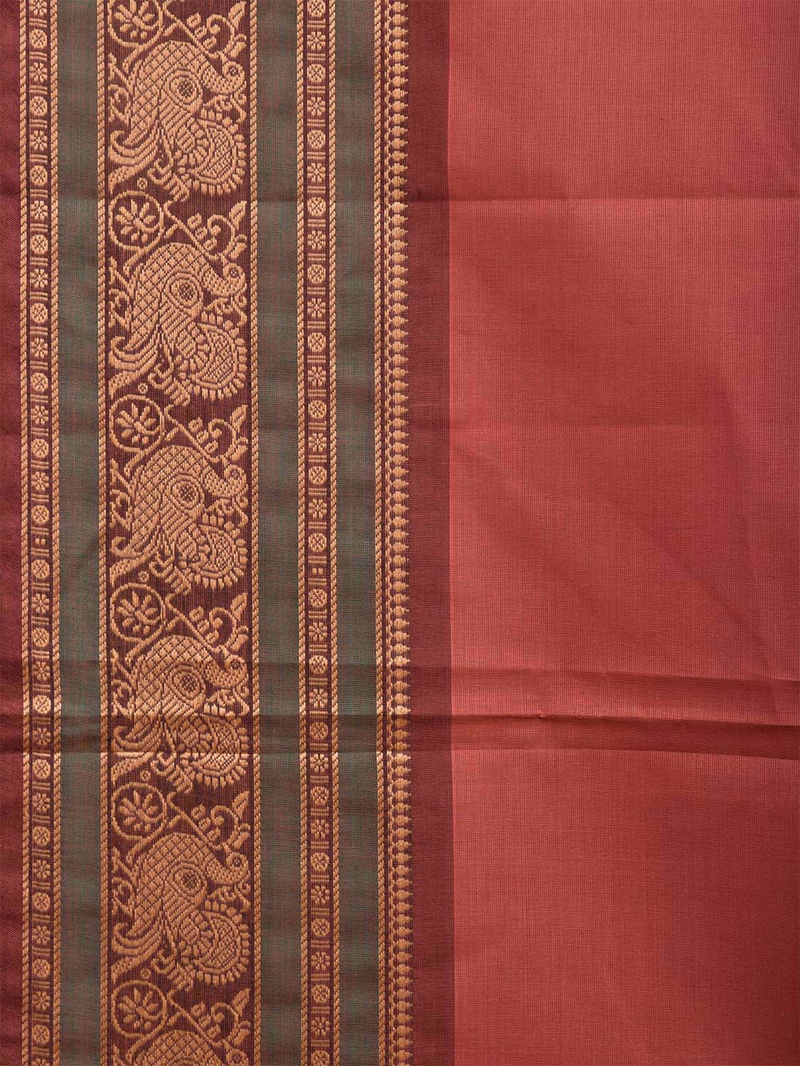 Burgundy Kanchipuram 80s Cotton Plain Saree with Peacock Border Design No Blouse k0666