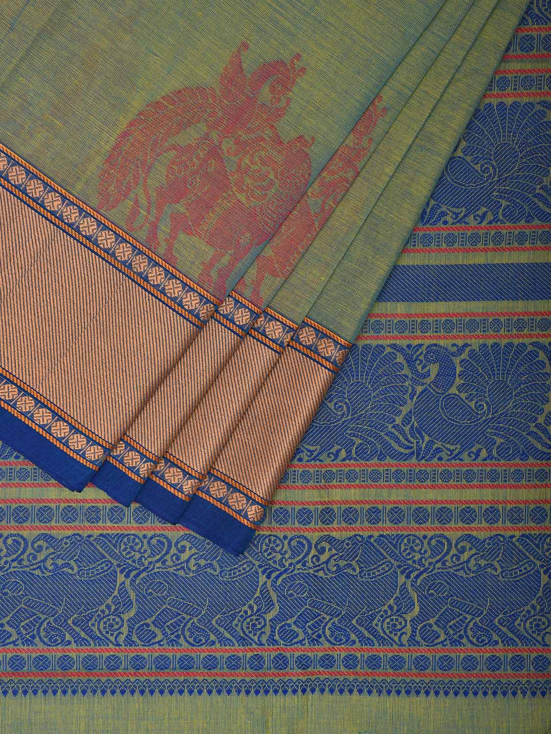 Turquoise Kanchipuram Cotton Saree with One Side Peacock Border and Pallu Design No Blouse k0668