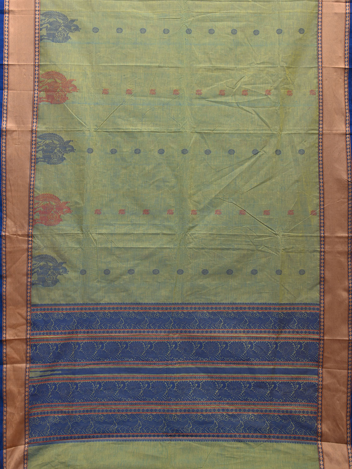 Turquoise Kanchipuram Cotton Saree with One Side Peacock Border and Pallu Design No Blouse k0668
