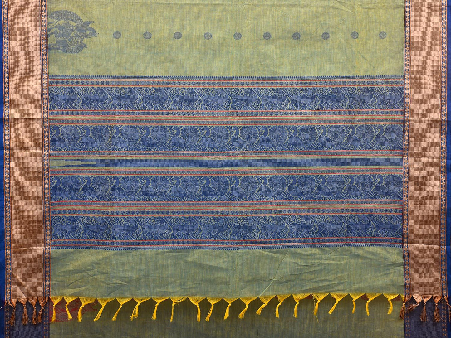 Turquoise Kanchipuram Cotton Saree with One Side Peacock Border and Pallu Design No Blouse k0668