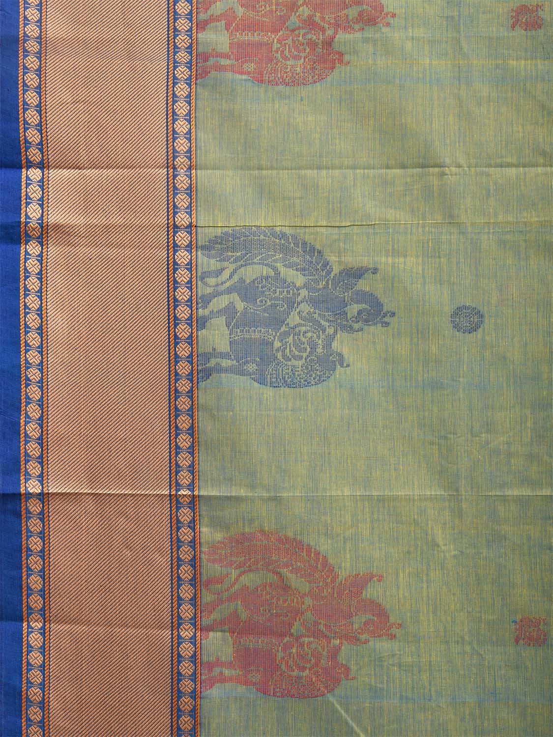 Turquoise Kanchipuram Cotton Saree with One Side Peacock Border and Pallu Design No Blouse k0668