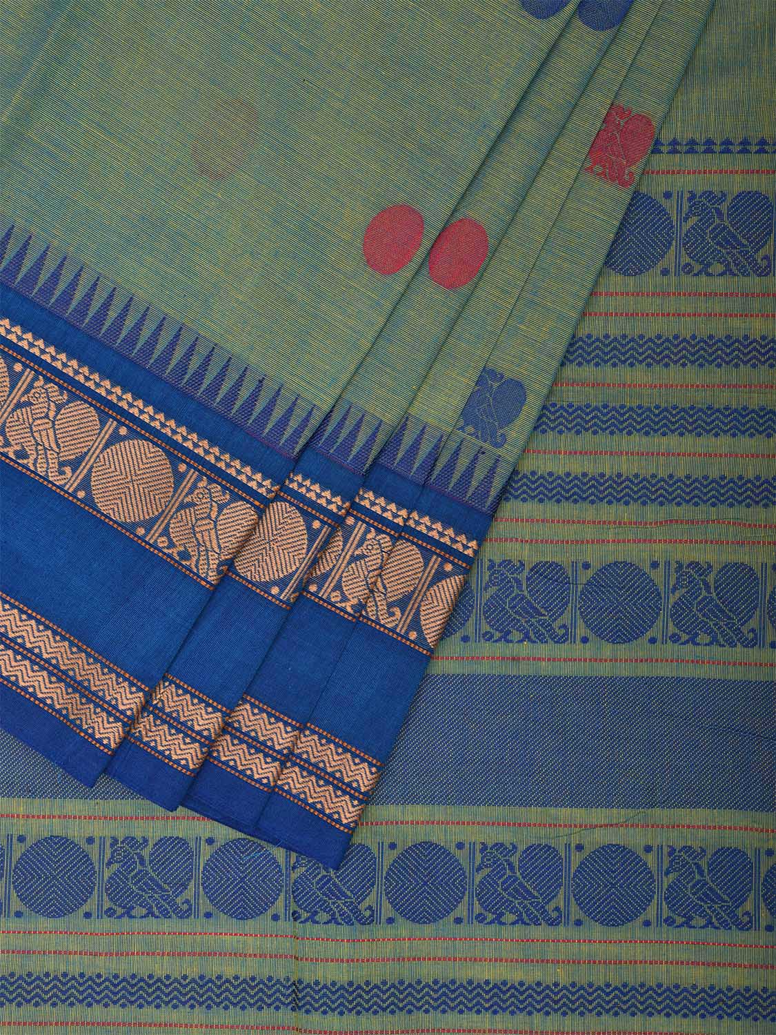 Turquoise and Blue Kanchipuram Cotton Saree with Body Buta and Pallu Design k0673