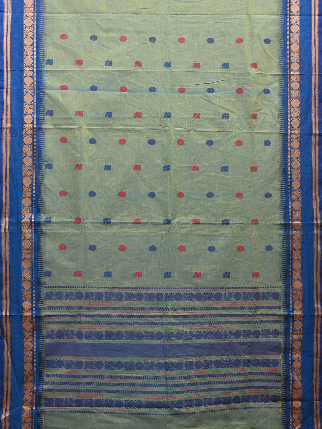 Turquoise and Blue Kanchipuram Cotton Saree with Body Buta and Pallu Design k0673