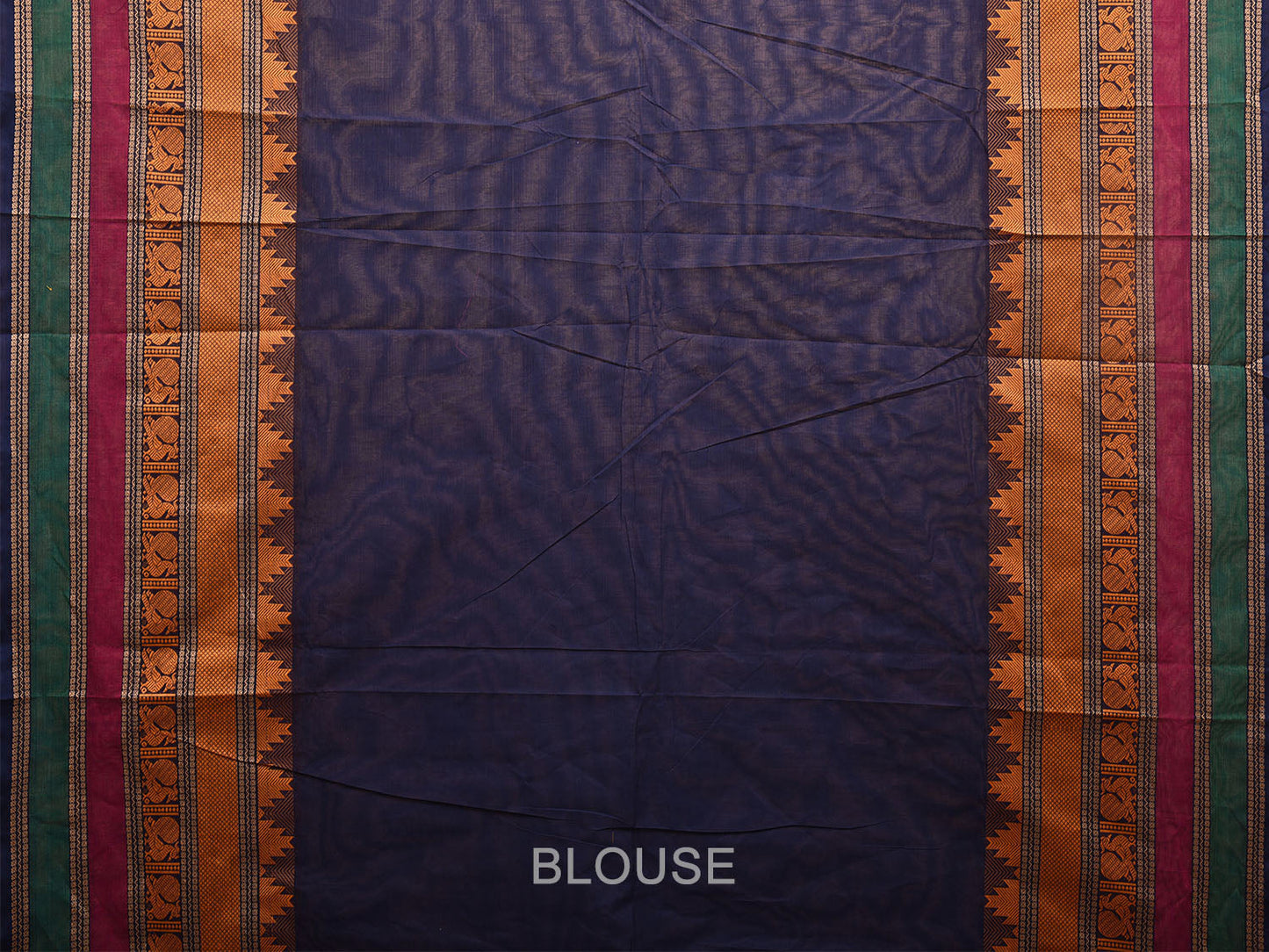 Navy Kanchipuram Cotton Saree with Strips Pallu and Temple Border Design k0684