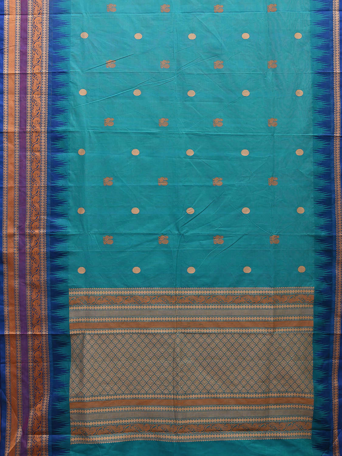 Sky Blue Kanchipuram Cotton Saree with Buta and Temple Border Design k0687